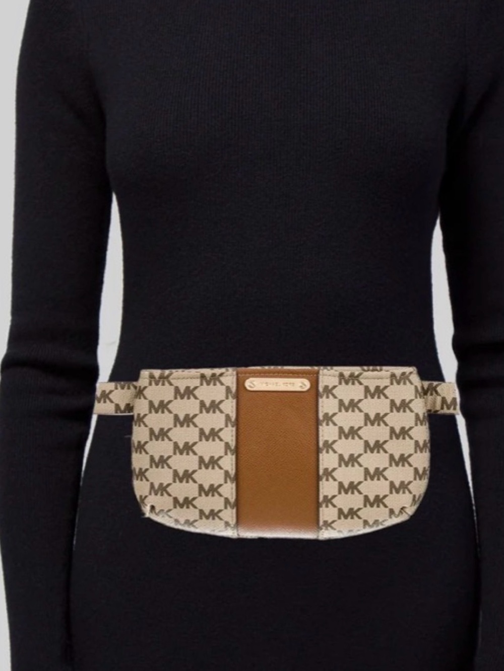 Michael Kors Beige MK Logo Mini Belt Bag with Brown Leather Panel